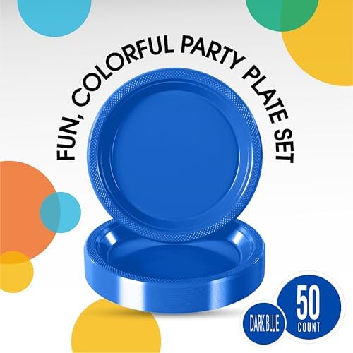 Party Solids Sturdy Dark Blue Plastic Plates 10" Party Plates 50 Pcs - Image 2