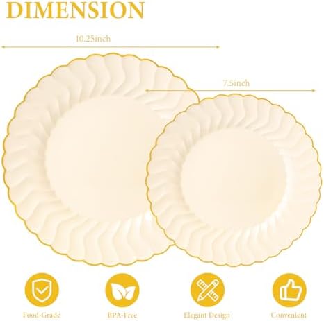 Lullaby 60PCS Light Yellow Scalloped Plastic Plates with Gold Rim for Party - Image 2