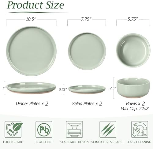 LIANYU Porcelain Dinnerware Set for 2, 6 PCS Stoneware Dinner Plates and Bowls, Ceramic Dining Dishes Set for Dessert Salad Pasta, Microwave & Dishwasher Safe, Fog Green - Image 3