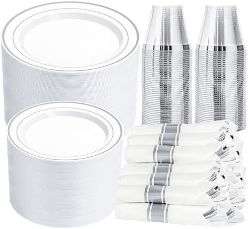 N9R 350PCS White Silver Plastic Plates, Disposable Dinnerware Set for Party by N9RTABLEWARE