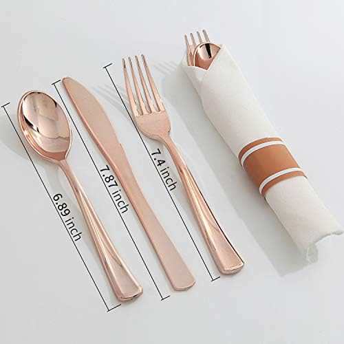 Supernal 30 Pack Pre Rolled Rose Gold Plastic Silverware, Linen Napkin - Image 4