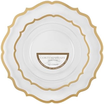 PLASTICPRO 32 Pack Elegant Disposable Plastic Plates Combo Set Includes 16 Dinner Plates and 16 Salad Plates Heavy Duty Fancy Party Plates Clear & Gold Contemporary Design by PLASTICPRO