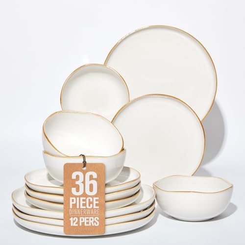 Pokini Extra Large Dinnerware Set for 12, 36 Pieces Ceramic Plates and Bowls Set, Kitchen Dish Set, Microwave & Dishwasher Safe Dishware, Ocean-Inspired Stoneware for Big Gatherings, White by Pokini