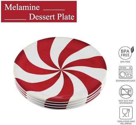 UP Classic Peppermint Candy Melamine Round Dessert Plates, Small Serving Plates, Christmas Decorations, for Appetizer, Snacks, and Side Dishes, Red and White, 6.75 Inch, Set of 4 - Image 7