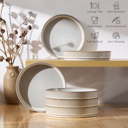E-far Pasta Bowls Set of 6, 35oz Large Salad Bowl Plate for Dinner Serving, Wide & Shallow Ceramic Stoneware Pasta Plates, Microwave & Dishwasher Safe, Reactive Glaze Textured Stripes, Creamy Beige - Image 5