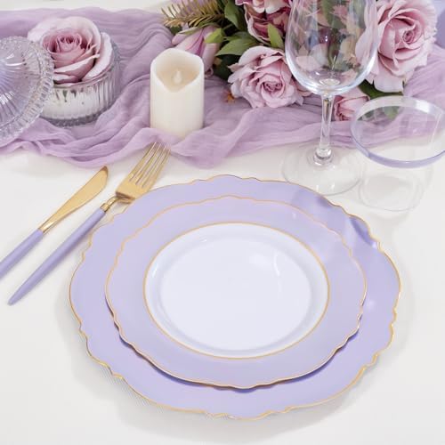 WDF 60pcs Purple Plates with Gold Rim - Baroque Light Purple Plastic Plates - Image 2