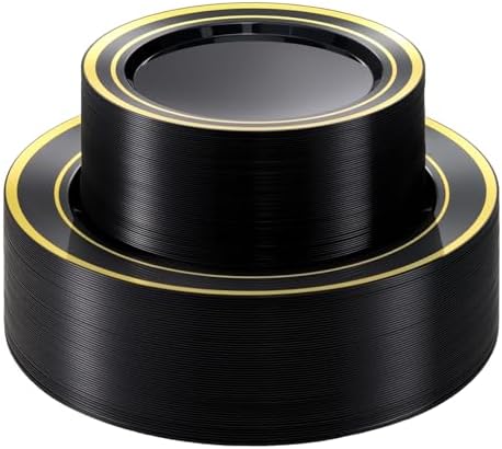 BESTVIP 100PCS Black Plastic Plate with Gold Rim by Bestvip