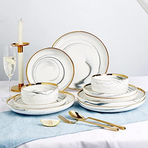 Pokini Marble Gold Rim Dinnerware Sets, Porcelain Plates and Bowls Sets - Image 3