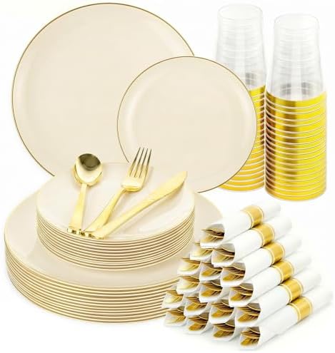 Ivory Gold Dinnerware Set Disposable Plates for 175PCS 25 Guests by cheerserve