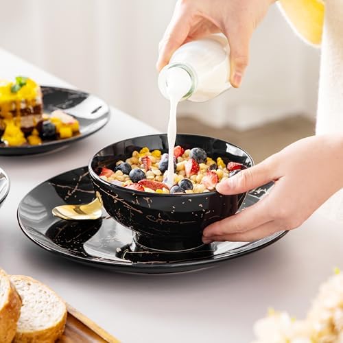 LOVECASA Plates and Bowls Sets for 6, 24 Pieces Porcelain Dinnerware Sets, Black and Gold Dish Set Gold Splash Dishware Sets, Dishwasher Microwave Safe - Image 7