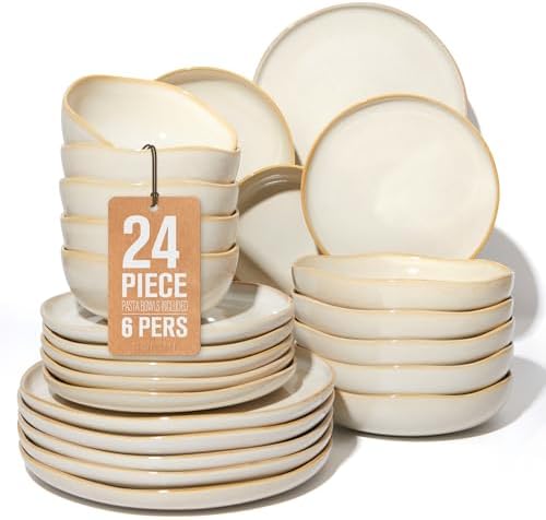 Pokini 24 Pieces Dinnerware Set for 6 with Pasta Bowls, Complete Ceramic Dish Set, Stackable & Glossy Stoneware Plate and Bowl Set for Effortless Everyday Hosting, Yellow White by Pokini