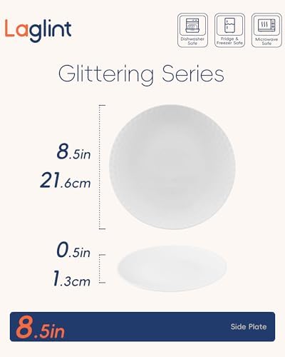 LaGlint 8.5 Inch Flat Salad Plate Set of 6, White Geometric Opal Glass - Image 5