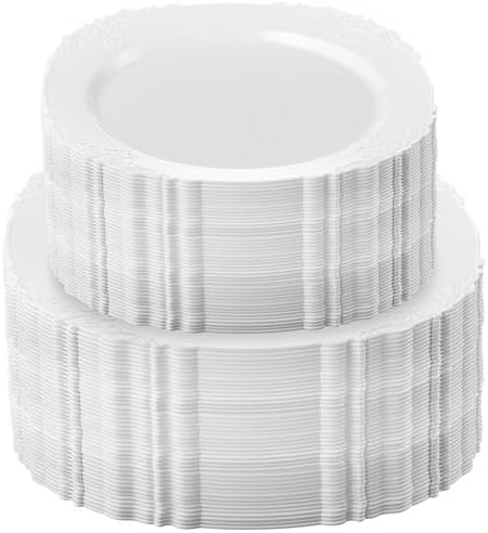 PLASTICPRO 128 Pack Elegant Disposable Plastic Plates Combo Set Includes 64 Dinner Plates and 64 Salad Heavy Duty Fancy Party Plates White Embossed Victorian Design - Image 5