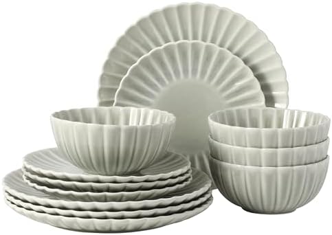 Gibson Elite Peach Orchard 12-Piece New Bone China Dinnerware Set Service for 4, Embossed Fluted Plates and Bowls, Dishwasher and Microwave Safe, Sage Green by GibsonHomewares