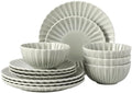Gibson Elite Peach Orchard 12-Piece New Bone China Dinnerware Set Service for 4, Embossed Fluted Plates and Bowls, Dishwasher and Microwave Safe, Sage Green by GibsonHomewares