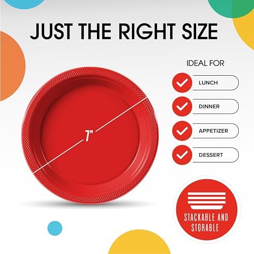 Exquisite Party Solids Sturdy Red Plastic Plates 7" Cake Plates 50 Pcs - Image 3