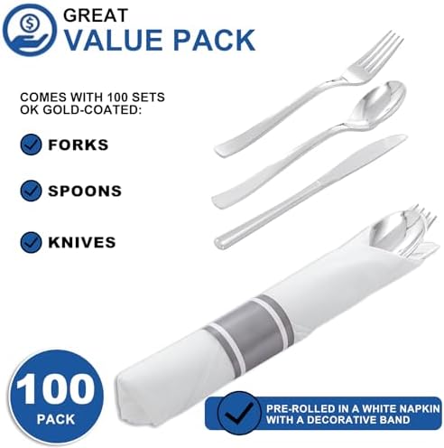 400PCS Pre Rolled Silver Plastic Silverware Sets for Dinners & Weddings - Image 4