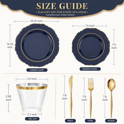 Liacere 150Pcs Navy Blue Plastic Plates-Blue Gold Disposable Plates Set-Blue Gold Rim Disposable Plastic Dinnerware include 50Plates,25Pack Silverware and 25Cups for Wedding/Party/Halloween/Labor Day - Image 3