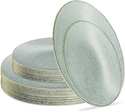 PLASTICPRO 32 Pack Elegant Disposable Plastic Plates Combo Set Includes 16 Dinner Plates and 16 Salad Plates Heavy Duty Fancy Party Plates Green Granite Plates with Gold rim by PLASTICPRO