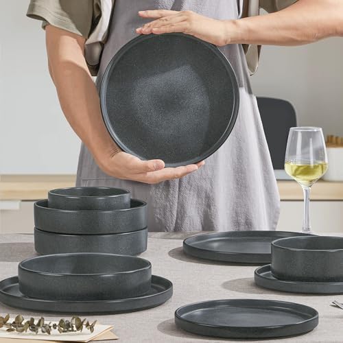 Herogo Dinnerware Dishes Sets with Salad Bowls, 24 Piece Plates and Bowls for 6, Dishwasher & Microwave Safe Ceramic Stoneware for Kitchen, Dark Gray - Image 6