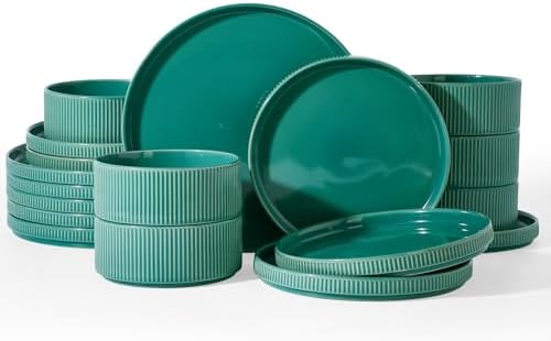 Famiware Stoneware Dishes Dinnerware Sets for 6, Ribbed Plates and Bowls by Famiware