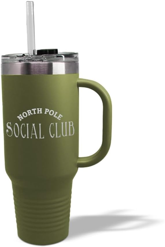 Speedy Pros Tumbler Cups with Straw North Pole Social Club Christmas Xmas Coffee Tumbler with Lid Personalized Insulated Travel Mugs Engraved Stainless-Steel 40 Oz Forest Green Design Only
