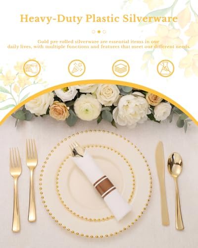 Supernal 60pack Pre Rolled Gold Plastic Silverware Set with Napkins - Image 5