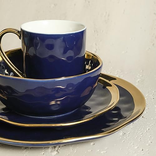 Stone Lain Porcelain 16 Piece Dinnerware Set, Service for 4, Blue and Golden Rim, Dark Blue - Image 3