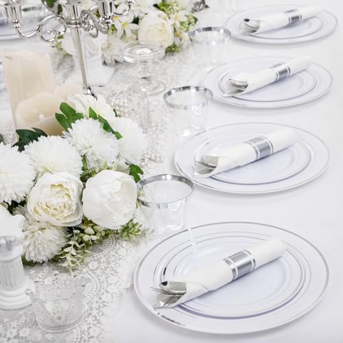 WELLIFE 210 Piece Silver Plastic Dinnerware Set for 30 Guests, Include: 30 Dinner Plates, 30 Dessert Plates, 30 Pre Rolled Napkins with Silverware and 30 Silver Cups - Image 6