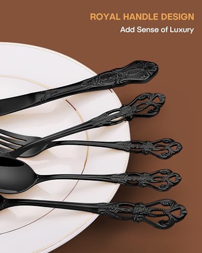 EUIRIO 40 Pieces Black Silverware Set, Royal Retro Flatware Set for 8, Stainless Steel Cutlery Set with Luxury Forks Spoons and Knives, Utensils Set Mirror Polished, Dishwasher Safe - Image 3