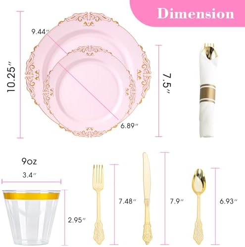 350pcs Gold Pink Retro Dinnerware Sets Disposable for 50 Guests - Image 2