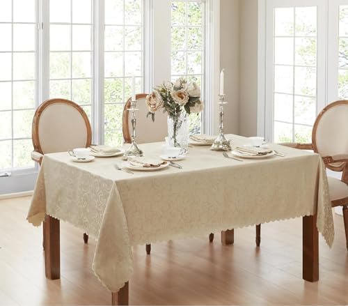Newbridge Portofino Scalloped Damask Fabric Tablecloth, 60 x 84 Inch Rectangle, Linen, Wrinkle and Stain Resistant Fine Dining Holiday Party Table Cover - Image 3