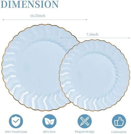 Lullaby 60PCS Light Blue Scalloped Plastic Plates with Gold Rim for Party - Image 2