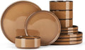 Onader Stoneware Dinnerware Sets for 4, Plates and Bowls with Unglazed Terracotta Bottom, Elegant Kitchen Ceramic Dish Dishware Set, Reactive Glaze 12 Piece - Earthy Umber by Onader
