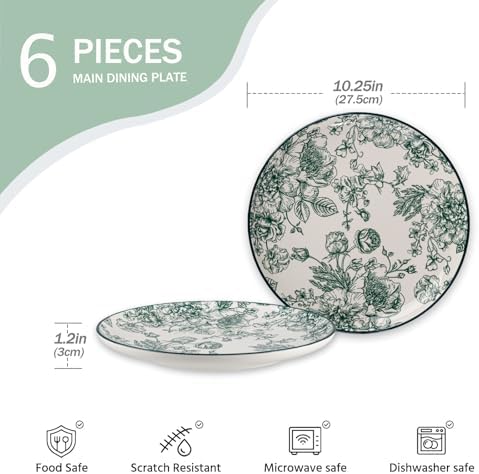 6-piece Vintage Green Floral 10.25-inch Ceramic steak plate - Image 3