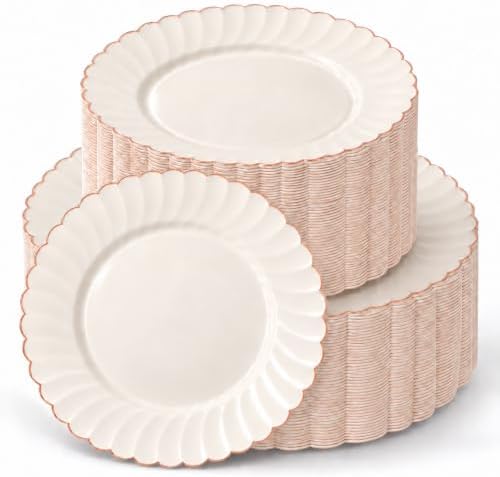 By Madee HEAVYWEIGHT Ivory Rose Gold Scalloped Plates for Wedding 100 Pc by byMadee
