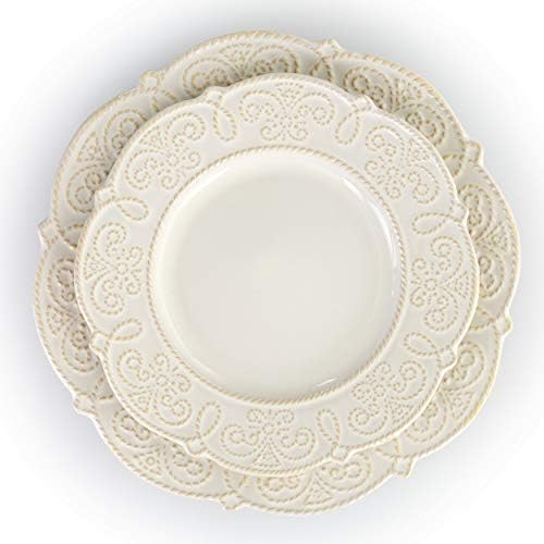 Elama Round Decorated Stoneware Scallop Embossed Dinnerware Dish Set, 16 Piece, Luna - Image 6