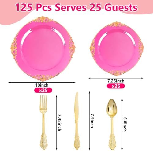 125PCS Clear Hot Pink Plastic Plates for Wedding Party Birthday - Image 2