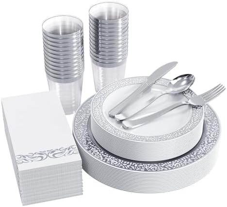 FOCUSLINE 175 Pieces Silver Disposable Dinnerware Set for 25 Guests by FOCUSLINE