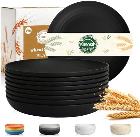 BUSOKIP9 Inch Wheat Straw Plates Set of 8, Plastic Plates Rusable - Black by BUSOKIP