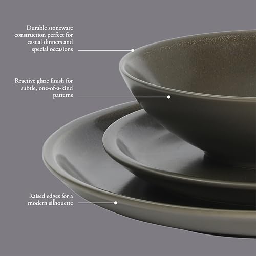 Gibson Elite 12 Piece (Service for 4) Lakecrest Plates and Bowls Reactive Glaze Round Dishes Stoneware Ceramic Dinnerware Set - Dark Green - Image 4