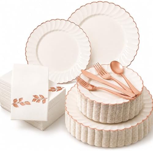 By Madee HEAVYWEIGHT Scalloped Rose Gold Disposable Dinnerware Set 175 Pc by byMadee