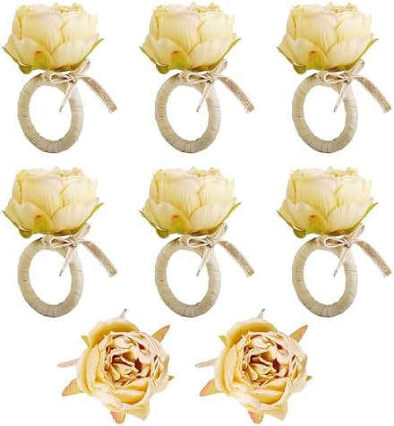 Flower Napkin Rings Set of 8, Handmade Champagne Peony Napkin Holder Floral Rings With Jute Bow Buckles for Summer, Wedding, Banquet, Birthday, Christmas, Valentine's, Thanksgiving Table Decoration by FEKIDO