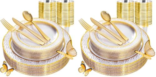 Ciaell 150PCS Clear Gold Plastic Plates - Disposable Gold Rim Plates include 25Dinner Plate, 25Dessert Plate, 25Forks, 25Knives, 25Spoons, 25Cups for Wedding & Party (Pack of 2) by Ciaell