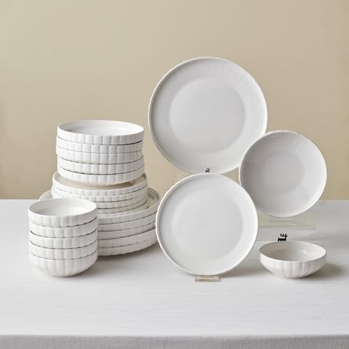 Karaca 24-Piece Bone China Pumpkin Dinnerware Set for 6, White Elegant Tableware, Plates and Bowls Set, Durable Fine China Dish Set for Everyday Use & Entertaining by Karaca
