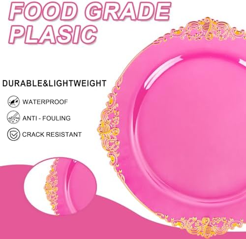 125PCS Clear Hot Pink Plastic Plates for Wedding Party Birthday - Image 5