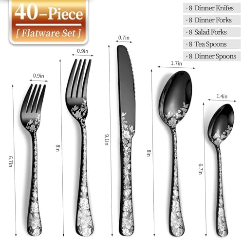 40 Piece Black Silverware Set, Stainless Steel Flatware Cutlery Set Service for 8, Mirror Polished Tableware Eating Utensils Set for Home Kitchen, Include Knife Fork Spoon Set, Dishwasher Safe - Image 2