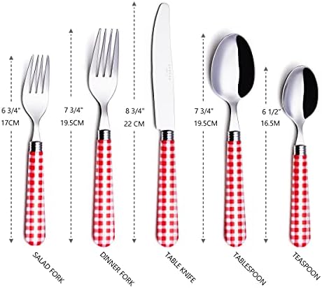 ANNOVA Stainless Steel Colorful Tableware Kitchen Flatware Set Utensils, Includes Dinner Knives, Forks, Spoons, Salad Forks & Dessert Spoons, Modern Rounded Shape (Red Checkered, 20 Pieces) - Image 3