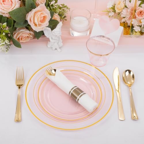WELLIFE 210Pcs Clear-Pink Plastic Dinnerware- Pink and Gold Plastic Dinnerware include 30 Dinner Plates, 30 Dessert Plates, 90 Gold Silverware, 30 Cups and 30 Napkins Perfect for Parties - Image 3