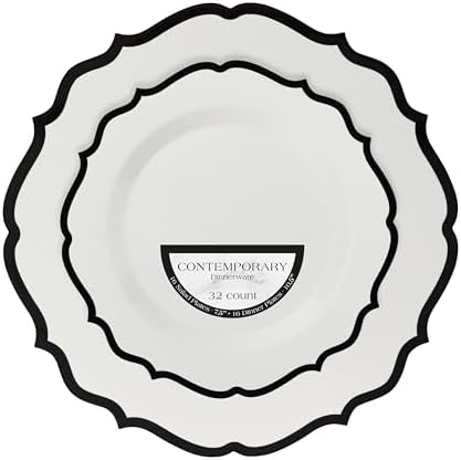PLASTICPRO 128 Pack Elegant Disposable Plastic Plates Combo Set Bulk Pack Includes 64 Dinner Plates and 64 Salad Plates Heavy Duty Fancy Party Plates White with Black Contemporary Design by PLASTICPRO